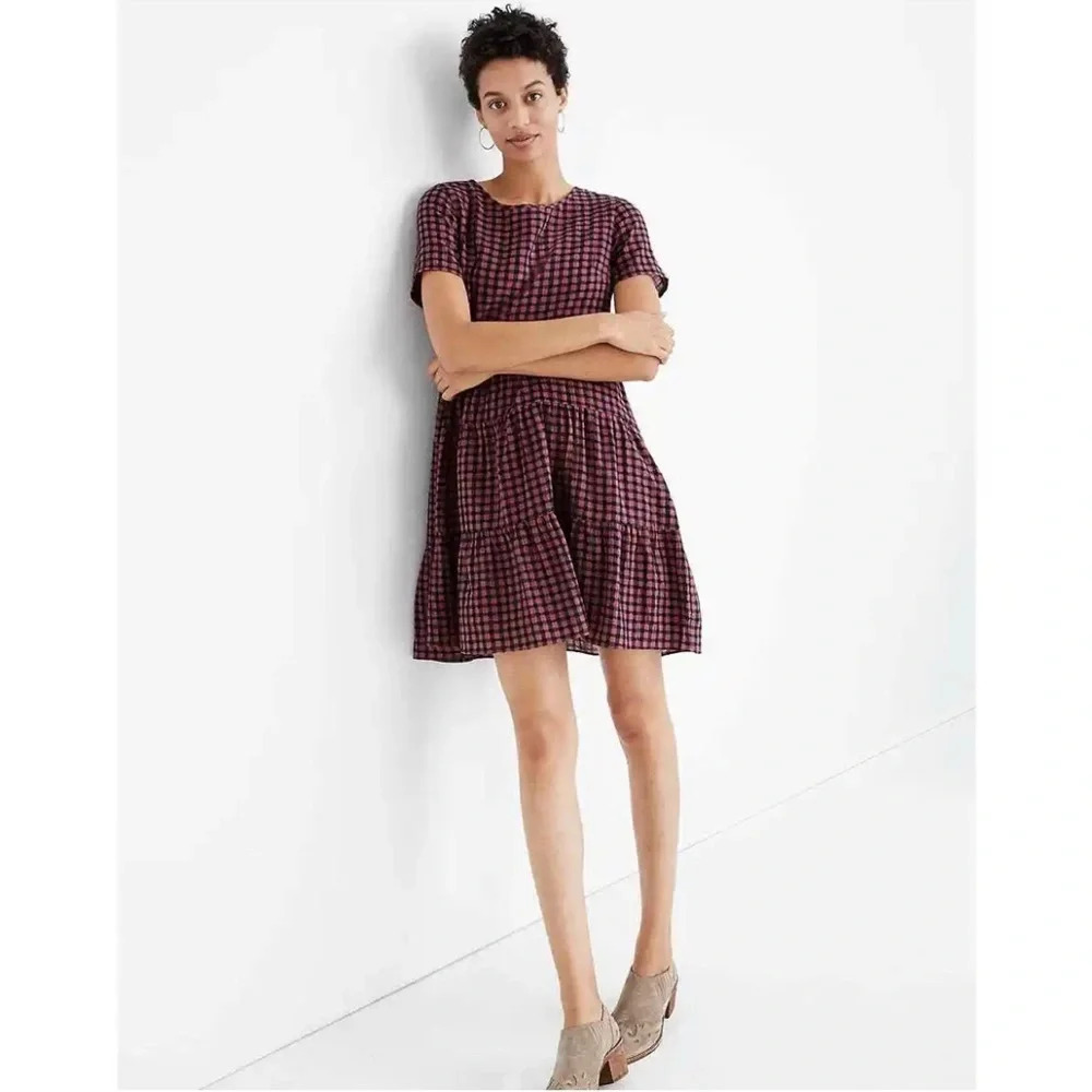 Madewell Short Sleeve Tiered Mini Dress in Gingham Check Lined Cotton